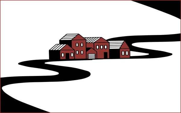 Illustration with black squiggle line with homes in center