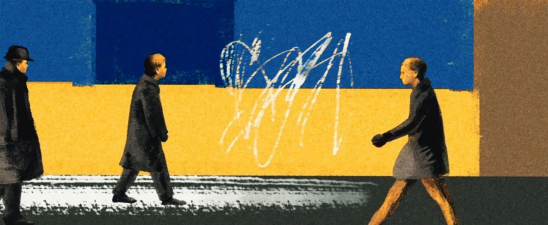 Painting of people walking on a street in winter