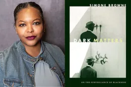 Smiling woman next to book cover